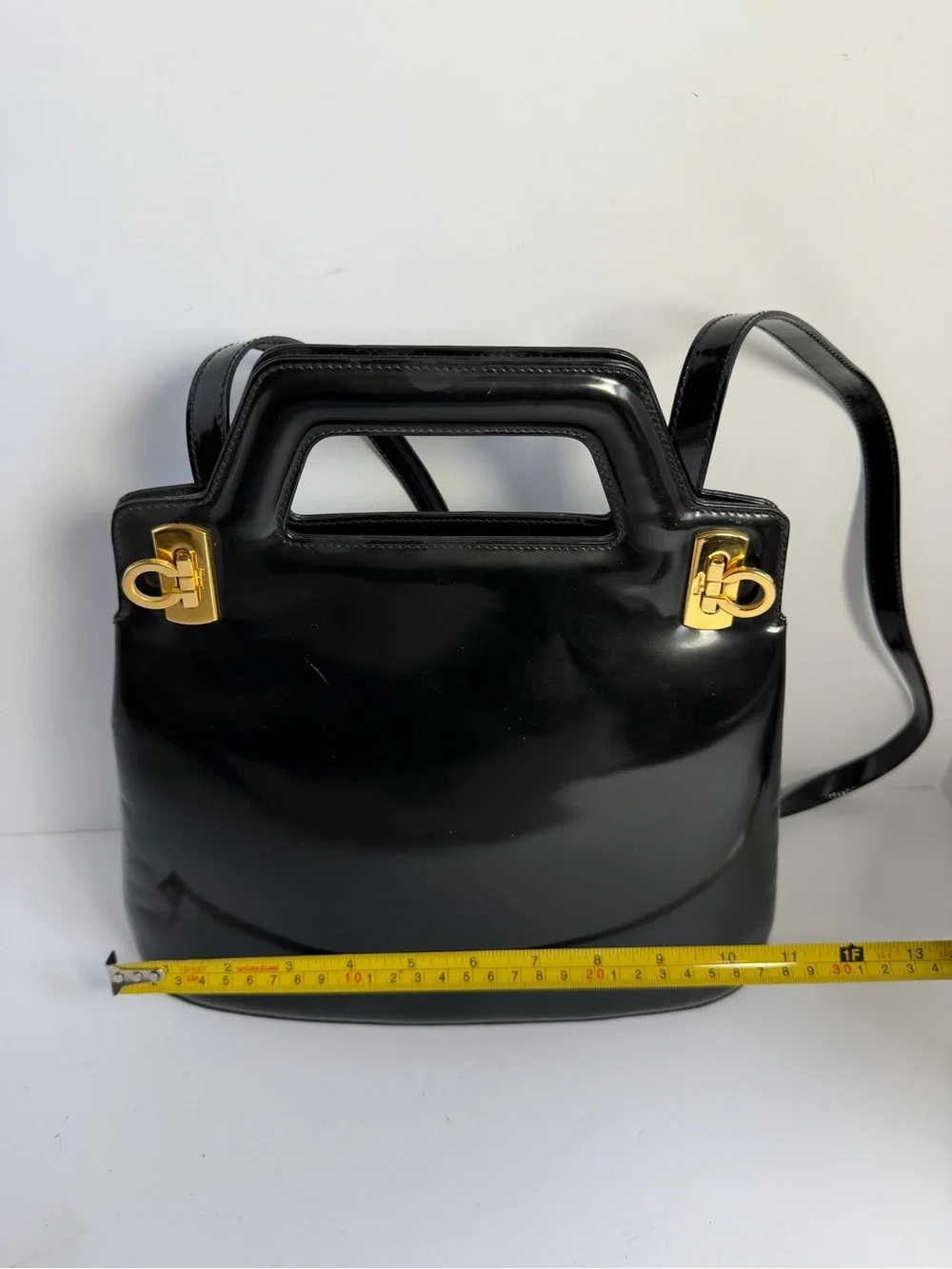 Salvatore Ferragamo Wanda Glossy Black Patent Leather Top Handle Bag